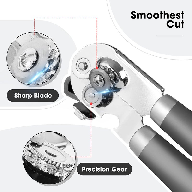 Beneno Heavy Duty Hand Can Opener Manual with Magnet, Durable Sharp Carbon Steel Blade Smooth Cutting, Big Effort-Saving Knob & Soft Grip Handle, Multifunctional Kitchen Tool with Bottle Opener, Gray - Image 3